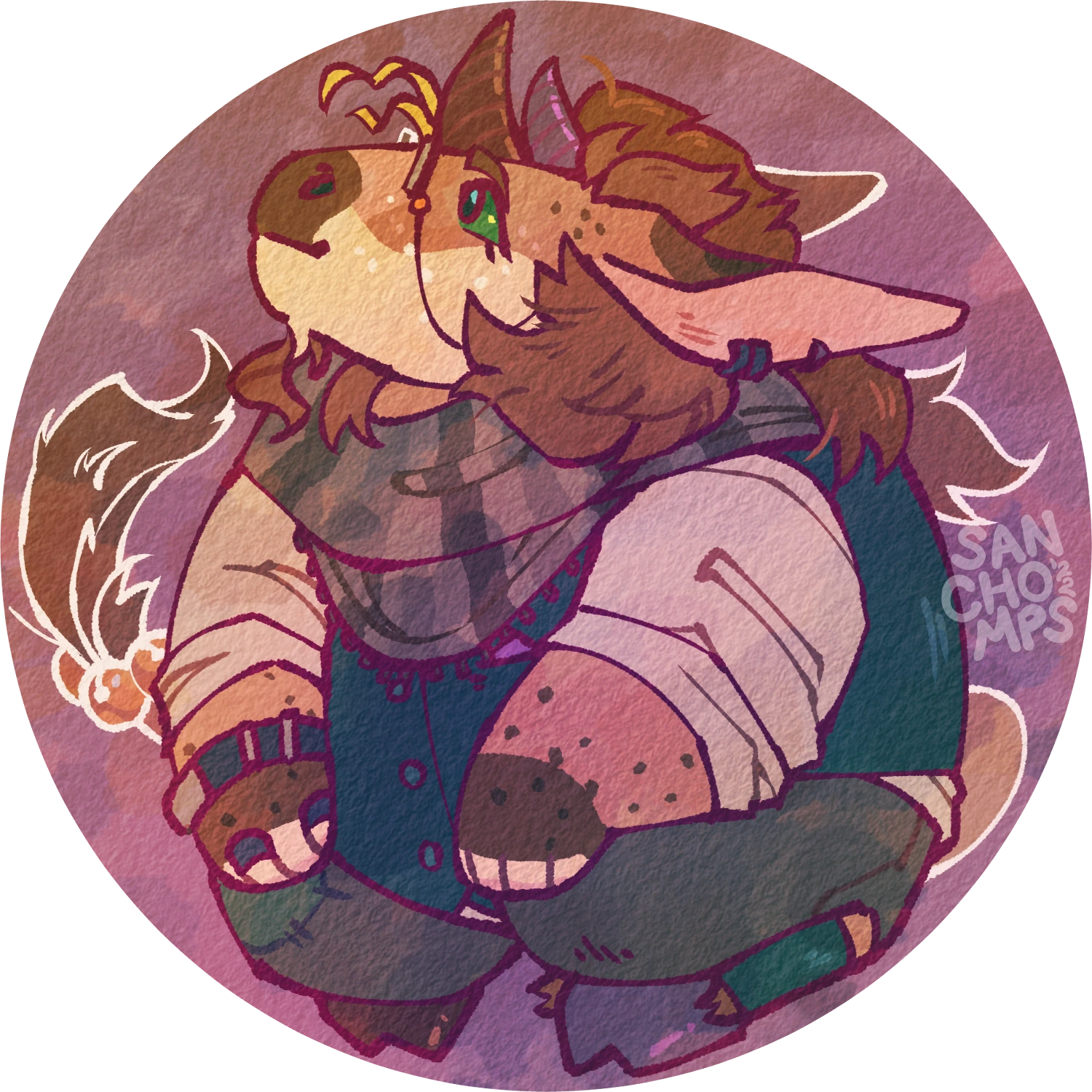 A unicorn with two horns wearing little glasses and a green waistcoat (Ginseng)